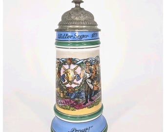 Jarra de cerveza alemana antigua con caja de música, Walter Seger, 1879, tapa de peltre, Ceramic Works.