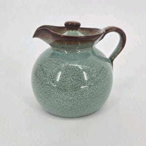 Op de afbeelding: Een keramische kan met een deksel, met een ronde body en een handvat. De kan is voornamelijk teal met een gespikkelde textuur, en de rand, het deksel en het handvat zijn bruin. De tuit is ontworpen om te schenken.