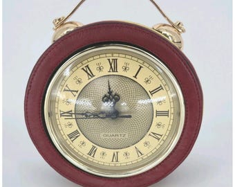 Bolso con reloj de pulsera, de cuarzo, redondo, de piel sintética roja, dorado, estilo steampunk, 8 pulgadas.