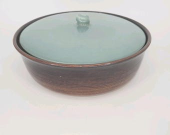 Studio Pottery Lidded Casserole Dish 11" Brown Celadon Glaze Handmade Stoneware