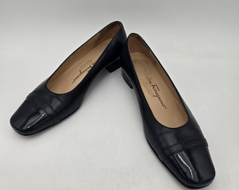 Vintage Salvatore Ferragamo Boutique Heels Womens 6.5 B Black Leather Shoes Logo