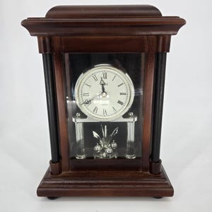 Stiffel Quartz Mantel Clock Rotating Pendulum Wood Glass Case Working Vintage