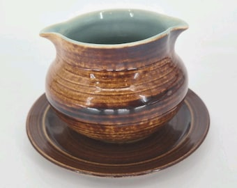 Studio Pottery Creamer Attached Saucer Brown & Celadon Glaze Handmade Stoneware