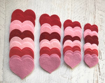 Wool Felt Valentine Hearts 48 total - 4 sizes - felt hearts - valentine felt - heart die cuts - Red Pink felt