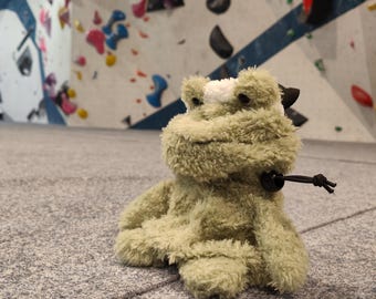 May include: A plush green frog toy with white markings on its face and a black strap. The frog is sitting on a grey carpet in front of a white wall with colourful climbing holds.