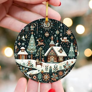 Décoration de Noël vintage village d'hiver en céramique avec scène de cabane enneigée, art populaire scandinave, décoration d'arbre de vacances souvenir de Noël