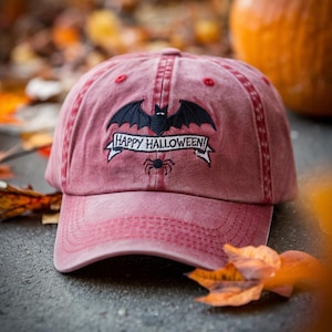 Happy Halloween Embroidered Black Bat Washed Hat | Spooky Season Fun Fall Cap | Autumn Apparel, Fall Season Hat, Spooky Season Gift