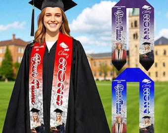 Benutzerdefinierte Abschluss-Stola mit Fotos, Ihre Schulfarben Personalisierte Stola, personalisierte Text-Grad-Stola-Schärpe, Geschenk für bestandenen Abschluss, Klasse von 2026