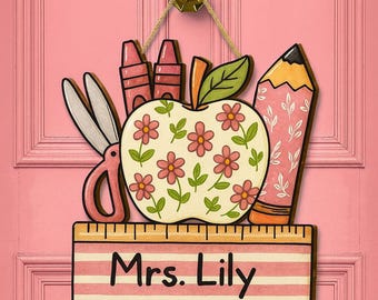 Personalized Teacher Door Sign, Floral Apple Classroom Decor, Back to School Wood Sign, Chinoiserie Teacher Gift, Custom Pencil Ruler Plaque