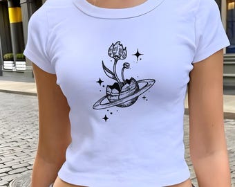 Saturn And Stars, Flower Baby Tee, Y2K Women's Fitted Tee, Retro 90s Top, Trendy Y2K Fashion Crop Top, Y2K Clothing, Stylish Vintage Shirt