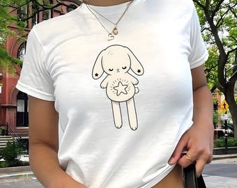 Camiseta de conejo para bebé, camiseta con gráfico Y2K, top de conejito adorable, camiseta estética kawaii, camiseta con diseño de estrella, top ajustado de moda para mujer