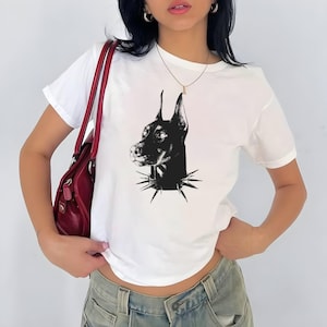 Y2K Doberman Dog Baby Tee, Y2K Women&#39;s Fitted Tee, Retro 90s Top, Trendy Y2K Fashion Crop Top, Y2K Clothing, Stylish Vintage Shirt