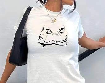 Camiseta para bebé con arte artístico de líneas faciales, camiseta ajustada Y2K para mujer, top retro de los 90, top corto de moda Y2K, ropa Y2K, camisa vintage con estilo