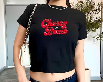Streetwear Cherry Bomb Baby Tee, Y2K Women&#39;s Fitted Tee, Retro 90s Top, Trendy Y2K Fashion Crop Top, Y2K Clothing, Stylish Vintage Shirt