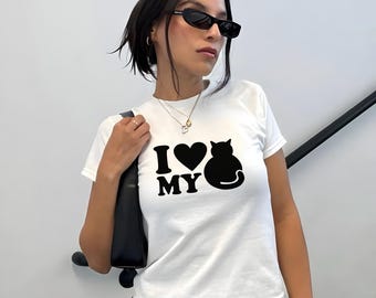 Camiseta divertida para mujer, camiseta "Amo a mi gato", camiseta estilo Y2K, camiseta con estampado de gato, regalo moderno para amantes de las mascotas, camiseta para dueños de gatos, moda adorable