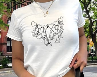 Kawaii Charms Baby Tee, Womens Graphic T Shirt, Cute Y2K Fashion Top, Aesthetic Clothes, Trendy Short Sleeve Tee, Cute Fitted Women’s Top