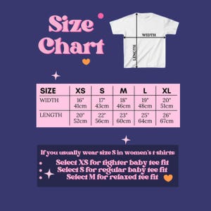 May include: A size chart for a t-shirt, with measurements in inches and centimeters. The chart includes sizes XS to XL, with width measurements from 16" to 20" and lengths from 20" to 26". Additional text provides sizing guidance.