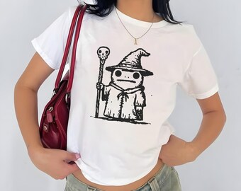 Womens Frog Wizard Baby Tee, Cute Y2K Graphic T-Shirt, Trendy Magical Aesthetic Top, Fun Witchy Tee, Cozy Casual Everyday Shirt