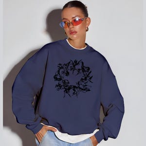 Dark Blue Crewneck Sweatshirt, Gothic Animal Illustration, Casual Streetwear Sweater, Unique Graphic Pullover, Unisex Fashion Top