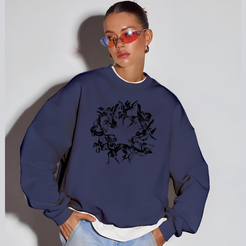 Dark Blue Crewneck Sweatshirt, Gothic Animal Illustration, Casual Streetwear Sweater, Unique Graphic Pullover, Unisex Fashion Top