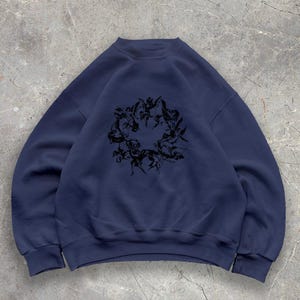 Floral print sweatshirt, navy blue crewneck, casual wear, botanical design pullover, unisex clothing, fall fashion, cozy outfit