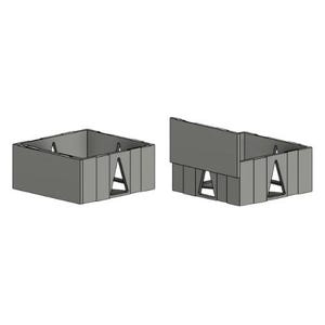 May include: Two gray, rectangular, open-top boxes. One box is fully assembled, while the other has a side panel detached. Each box features a triangular cutout on the side and a square cutout on the top.