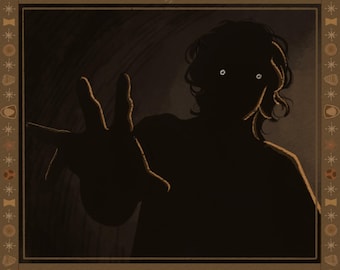 May include: Illustration of a dark silhouette of a person with white eyes and outstretched hand. The image has a brown border with decorative elements and the text "YOU CANT OUTRUN THE EMPTINESS" at the bottom.