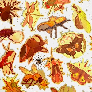 May include: A collection of die-cut stickers featuring various insects and arachnids in warm orange, yellow, and brown tones. The designs include a spider with swords, a dragonfly, a beetle with a crystal ball, a moth, and a bee holding a staff.