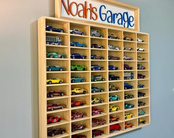 Toy Car Diecast Wall Shelf with Personalized Name Sign Hot Wheel - Display Organizer Wooden Shelf for 60 Hotwheels and Matchbox 1:64