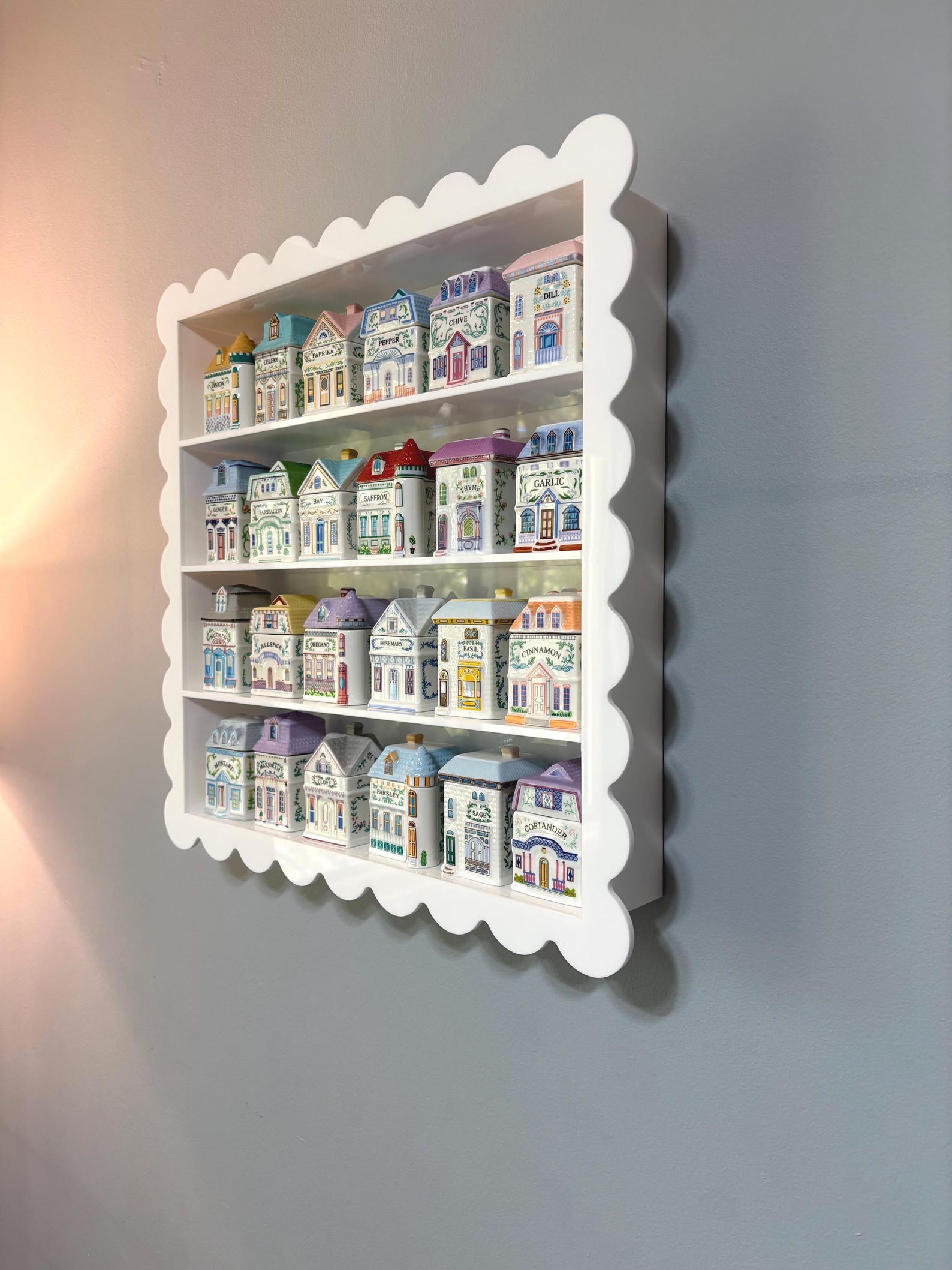Spice Rack for Lenox Spice Village 4-Shelf Display | Kitchen Organizer for Lenox Village Spices Scalloped Wall Countertop White Acrylic