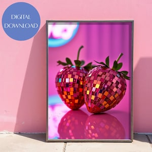 Disco Ball Strawberries Trendy Maximalist Wall Art Pink Girly Apartment Decor Glam Kitchen Poster Digital Download