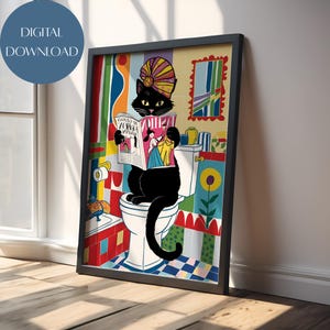 Schwarze Katze auf einer Toilette Wand Kunst Matisse Stil Kunstwerk Boho Maximalist Poster Lustiges Badezimmer Dekor druckbares Poster für Katzenliebhaber