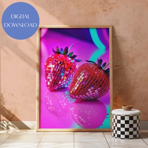 Disco Strawberries Digital Wall Art Trendy Pink Girly Decor Maximalist Glam Printable Poster Kitchen Disco Fruit