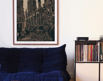 Scottish Church Art Print | Brown Scratchboard Poster