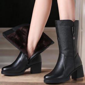 Women’s Mid-Calf Genuine Leather Boots – Plush Fur Lined Winter Warm Shoes for Ladies