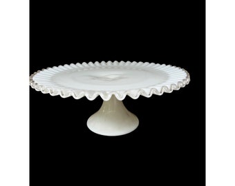 Vintage Large Silvercrest Milk Glass Cake Stand Ruffled Edge