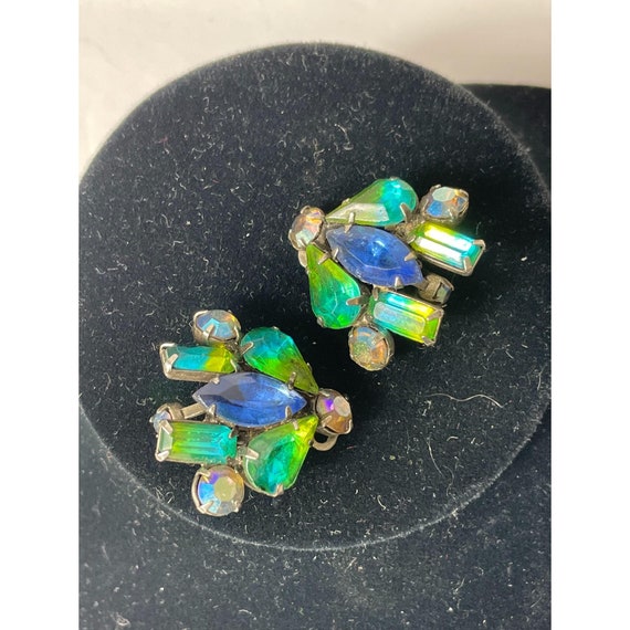 Vintage Kramer Blue and Green Rhinestone Clip Ear… - image 1