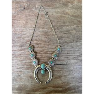 Vintage Faux Silver Squash Blossom Necklace With Turquoise Stones