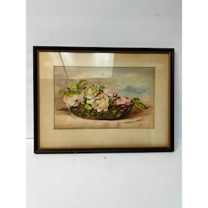 Vintage Signed watercolor 1968 basket of flowers