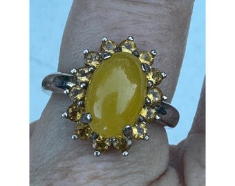 Vintage Estate Natural Yellow Jade Jadeite Citrine Halo Sterling Silver Ring