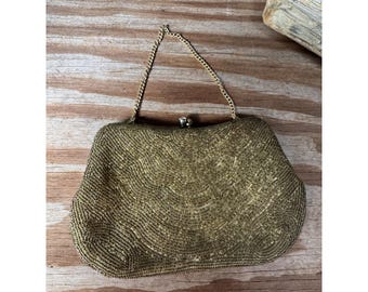 Vintage Beaded Evening Bag Purse Gold Glass Seed Beads Chain Handle Kiss Lock