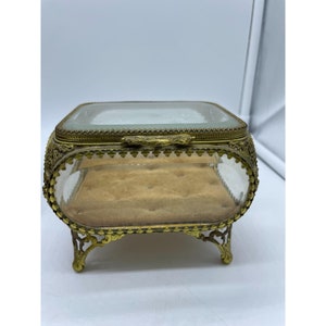 Vintage Filigree Jewelry Casket with Beveled Glass
