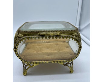 Vintage Filigree Jewelry Casket with Beveled Glass