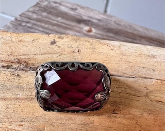 Antique Silver Floral Ring With Large Violet Purple Faceted Stone 13.81g
