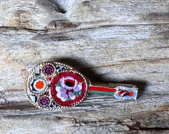 Micro Mosaic Mandolin Brooch 1 3/4in Millefiori Floral Gold Tone Vintage
