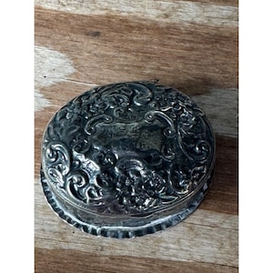 Antique Ornate Silver Hinged Trinket Box With Floral & Scrollwork Design