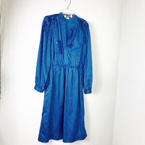 Vintage 80s  Blue Black Pins Silky Rockabilly Secretary Retro Party Dress L 14