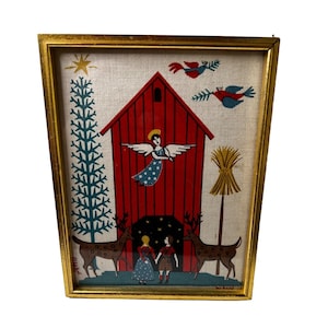 Vintage Mid Century Modern Americana Textile Art Print Robert Darr Wert Framed deer Tree Angel