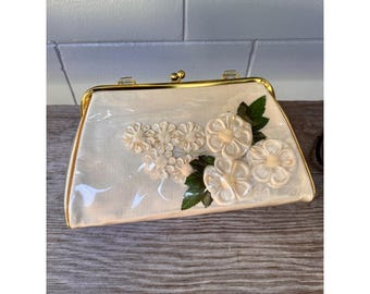 1950s Ivory Floral Handbag Clear Vinyl Lucite Handle Bridal Evening Purse