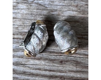 Christian Dior Clip On Earrings Silver Gold Tone Wave Design Vintage Signed